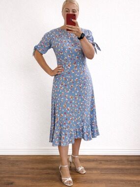 Faithfull the Brand Sky Blue Floral Midi Dress with Tie Sleeves